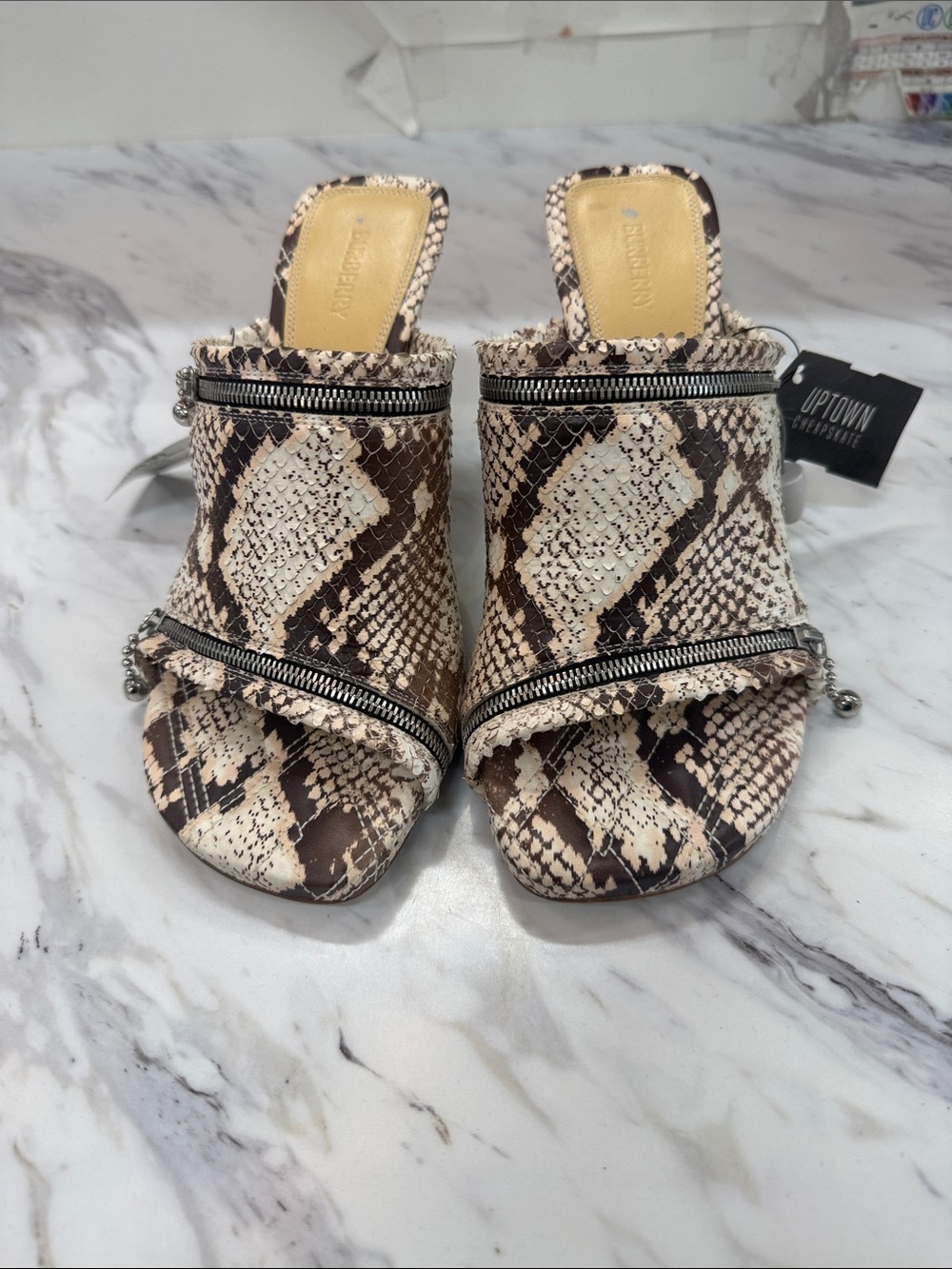 Burberry Brown & Cream Snake-Print Zip-Trim Slide Mules